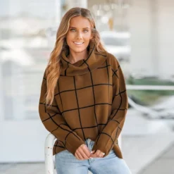 Women's Grid Print Drop Sleeve Turtleneck Sweater - Cupshe -Cupshe GUEST e93ec430 924a 4189 ac79 96e1b01b2c36