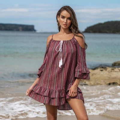 Women's Striped Open-Shoulder Tassel Dress - Cupshe 3 Women's Striped Open-Shoulder Tassel Dress - Cupshe