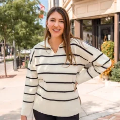 Women's Striped V-Neck Collar Sweater - Cupshe