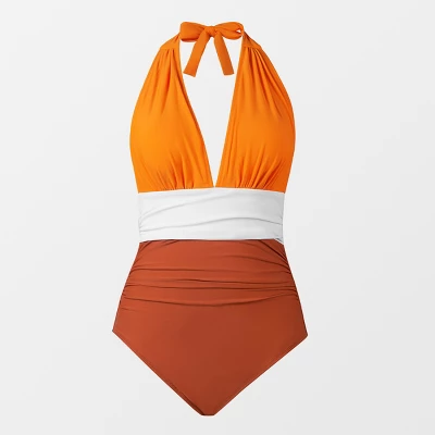 Women's Colorblock Halter Backless Ruched One Piece Swimsuit - Cupshe 8 Women's Colorblock Halter Backless Ruched One Piece Swimsuit - Cupshe - Image 6