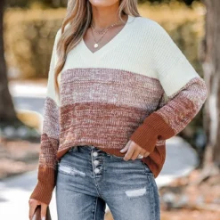 Women's Striped V Neck Drop Sleeve Sweater - Cupshe -Cupshe GUEST ed4b6453 70ac 4a4f aed0 46e9ea29a5d4