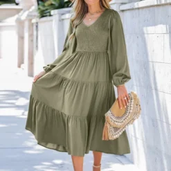 Women's V-Neck Smocked Midi Dress - Cupshe -Cupshe GUEST edccb1a7 17a6 4d86 bf16 f9a707e3e183