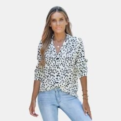 Women's Long Sleeve Shirts Blouse Animal Print Tops - Cupshe -White/Black -Cupshe GUEST ee2d0d75 fe90 4d63 8893 21eceb2e6ae1