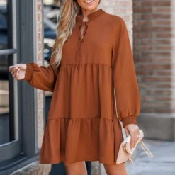 Women's Terra Cotta Tie Neck Flounce Mini Dress - Cupshe -Cupshe GUEST f163ee19 b304 430b 86d6 6af9a454267a
