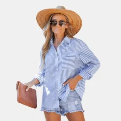 Women's Striped Flap Pocket Dropped Long Sleeve Shirt -Cupshe -Cupshe GUEST f1cc9057 b721 46eb bd1b 2bcbdc31e6d0
