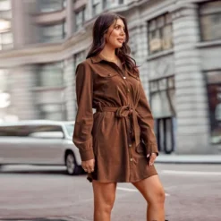 Women's Belted Corduroy Button-Front Mini Dress - Cupshe