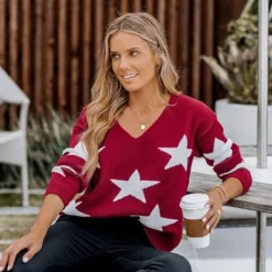 Women's Star Pattern V-Neck Drop Sleeve Sweater - Cupshe -Cupshe GUEST f267dcfa 743f 4a00 9b49 e8ecdb37b1fb