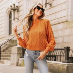 Women's Cable Knit Long Bishop Sleeve Sweater - Cupshe -Cupshe GUEST f4776b4e be43 40ca 9bbf f9380c489146