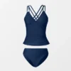 Women's V Neck Ruched Double Crisscross Tankini Set - Cupshe- Blue