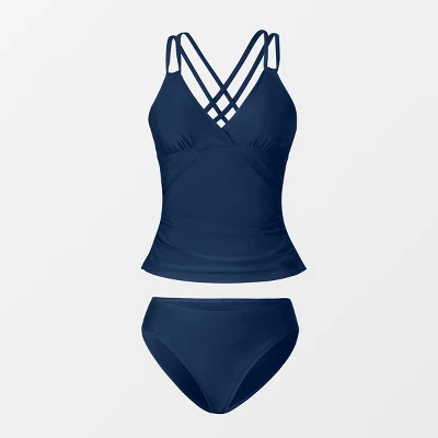 Women's V Neck Ruched Double Crisscross Tankini Set - Cupshe- Blue 3 Women's V Neck Ruched Double Crisscross Tankini Set - Cupshe- Blue
