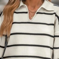 Women's Striped V-Neck Collar Sweater - Cupshe -Cupshe GUEST f8452b50 9ff6 4adf 8f73 5de0d02acfa2