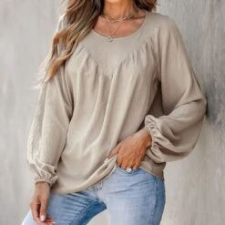 Cupshe 34 Women's Apricot Peasant Sleeve Shirred Top - Cupshe