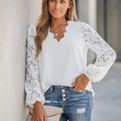 Women's Floral Lace Scalloped V Neck Top - Cupshe