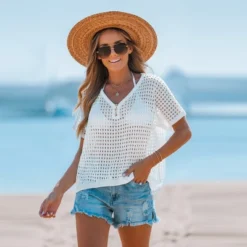 Women's Crochet V-Neck Cover-Up Top - Cupshe -Cupshe GUEST fb18e0e1 d249 46c0 ad39 5e0200caa4c0