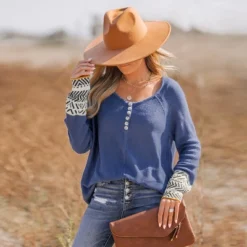 Women's Geo Print Half-Buttoned Henley Sweater - Cupshe -Cupshe GUEST fbe48ddc 355c 45fc 9593 5b6c554c13c2