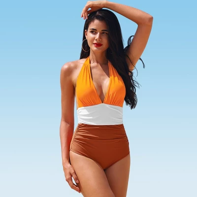Women's Colorblock Halter Backless Ruched One Piece Swimsuit - Cupshe 9 Women's Colorblock Halter Backless Ruched One Piece Swimsuit - Cupshe - Image 7