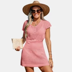 Women's Crochet Knit Cutout V-Neck Cover-Up Mini Dress - Cupshe -Cupshe GUEST fc891ae6 658f 4631 af8b 3ad9bee0c45a
