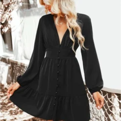 Women's Plunge Neck Button Loop Mini Dress - Cupshe -Cupshe GUEST ff09052b 037b 4966 a340 da179c0cccfd